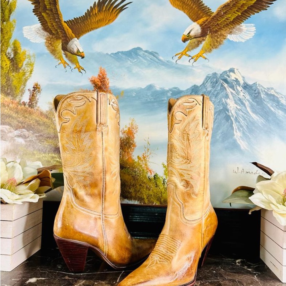 💋 Lucchese Vintage Style Charlie 1 Horse 9.5. Tan Western Cowboy Heel Boots… - Picture 8 of 12